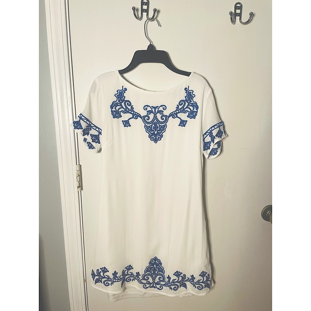 Tale to Tell Blue & Ivory Embroidered Shift Dress